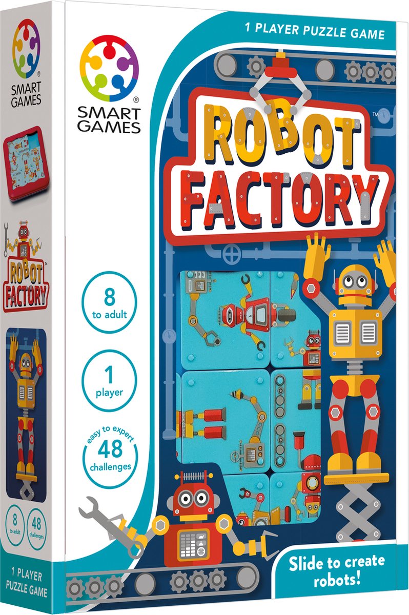 Smartgames Roboterfabrik – kompaktes Schiebepuzzle-Denkspiel – 48 pädagogische Roboter-Herausforderungen – Reisespiel Solospiel – ab 8 Jahren