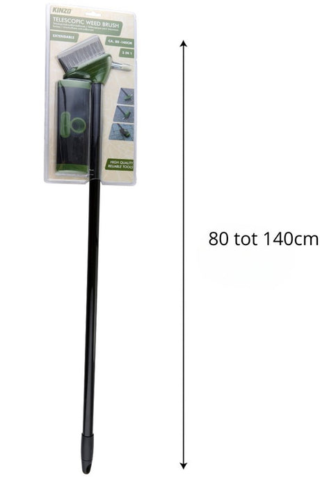 Kinzo uitschuifbare onkruidborstel 3-in-1 – telescopische onkruidborstel met krabber en schraper – verstelbaar van 80-140 cm – voor tegels, terras, oprit – ergonomisch tuingereedschap