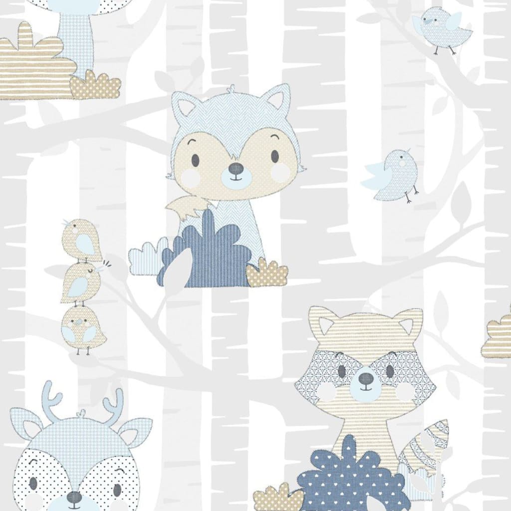 North Wall Noordwand Wallpaper Baby Forest Animals White and Blue