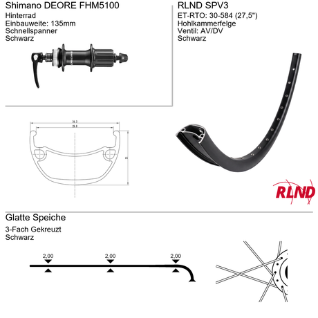 Roland achterwiel 30-584 27.5 zwart cassette 8 9 10v schijfrem centerlock qr spv3 shimano deore fh-m5100