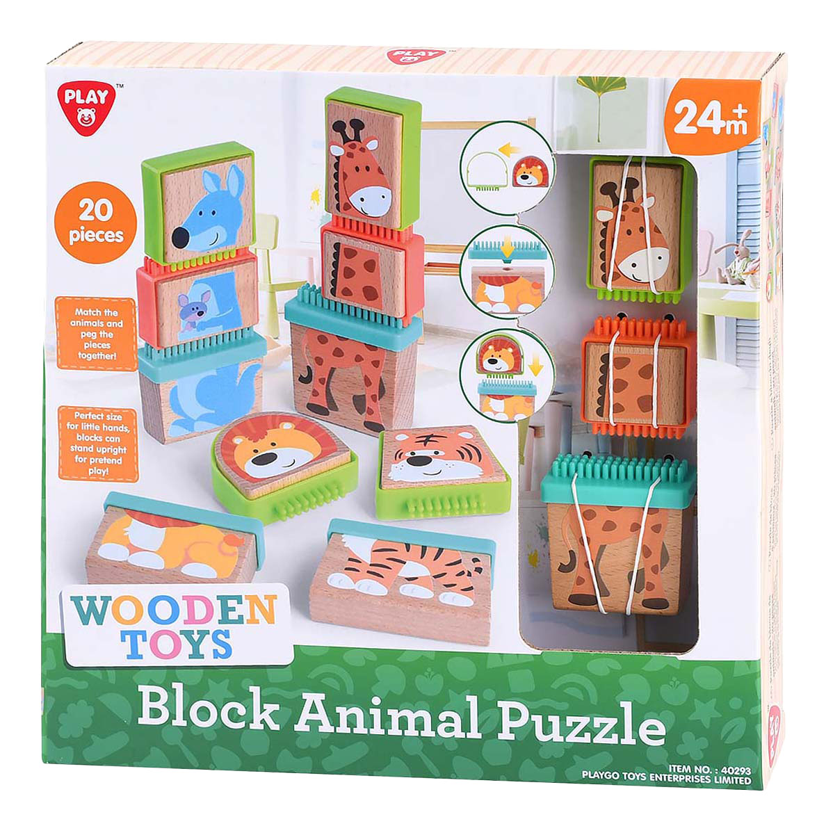 Playgo Play Holzblock-Puzzle Tiere, 20 Teile.