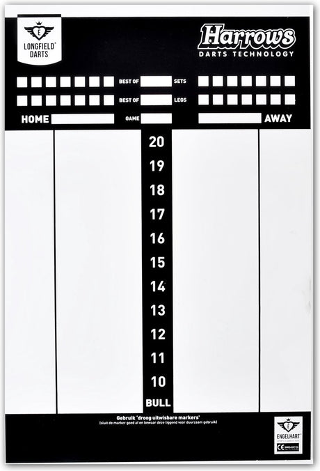 Engelhart dart scorebord pvc 45 x 30 cm – herbruikbaar whiteboard – speltypes scoreverloop – dart accessoire – longfield