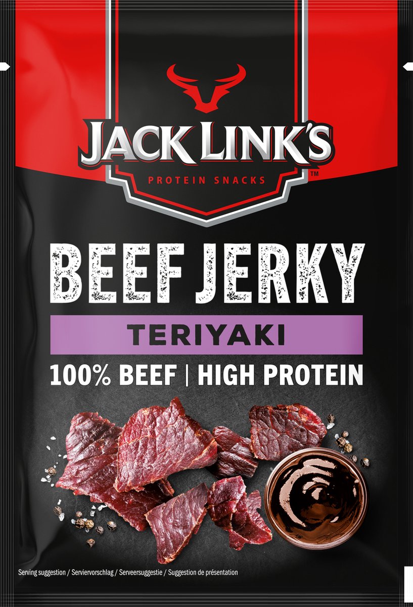 Jack Link's Teriyaki Beef Jerky – proteinreich – 100 % Rindfleisch – proteinreich – idealer Protein-Snack – für zwischendurch, unterwegs oder vor dem Sport – 12 x 25 g