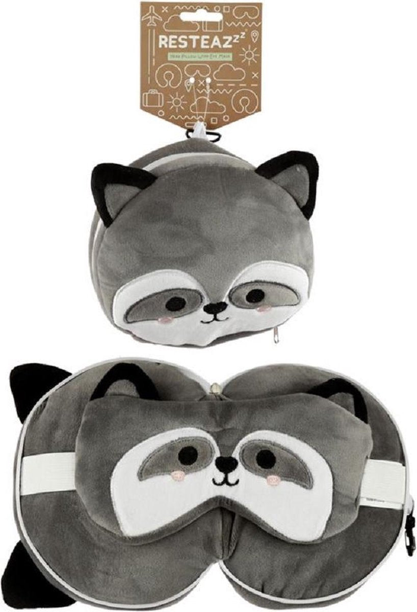 Relaxeazzz Plüschwaschbär runde Reisekissen-Schlafmaske