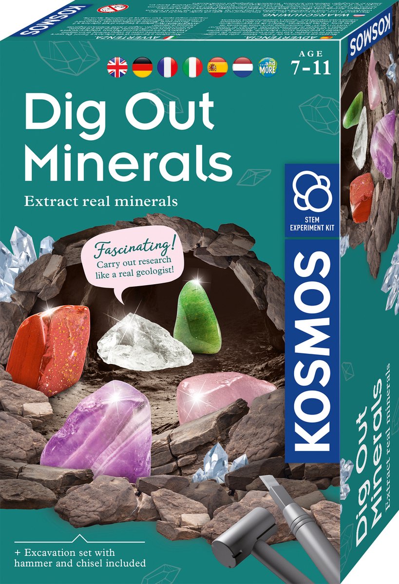 Kosmos Mineralien ausgraben – Experimentierset – bunte Edelsteine ausgraben und die Welt der Mineralien entdecken – darunter Bergkristall, Rosenquarz, Amethyst und mehr – beim Mineraliengraben