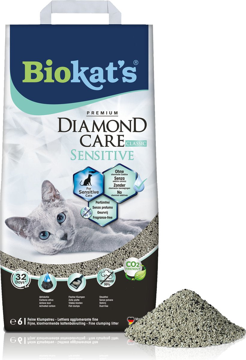 Biokat's Diamond Care Sensitive – 6 l – Katzenstreu – klumpend – ohne Geruch – Aktivkohle