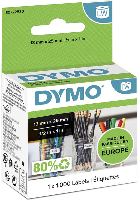 Dymo original kleine Mehrzwecketiketten für Etikettendrucker | 13mm x 25mm | 1000 selbstklebende Etiketten | leicht zu entfernende Etiketten für die Labelwriter-Etikettendrucker | Hergestellt in Europa