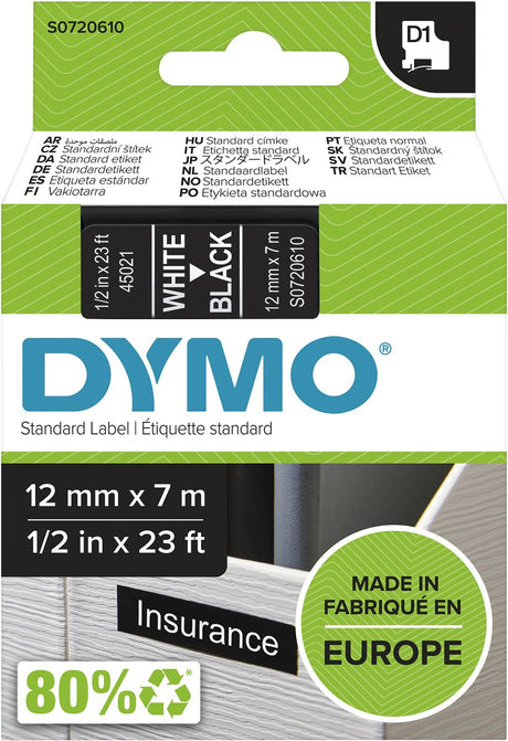 Markenlos ohne Marke Dymo 45021 Etikettenband, Bandfarbe: Schwarz, Textfarbe: Weiß, 12 mm, 7 m – Box 5 Stück