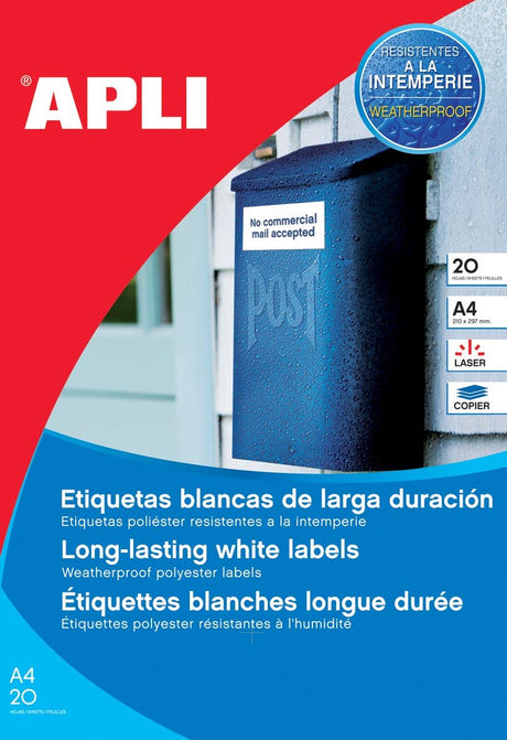 Apli wetterfeste Etiketten, Format 210 x 297 mm (B x H), 20 Stück, 1 pro Blatt, Karton mit 20 Blatt