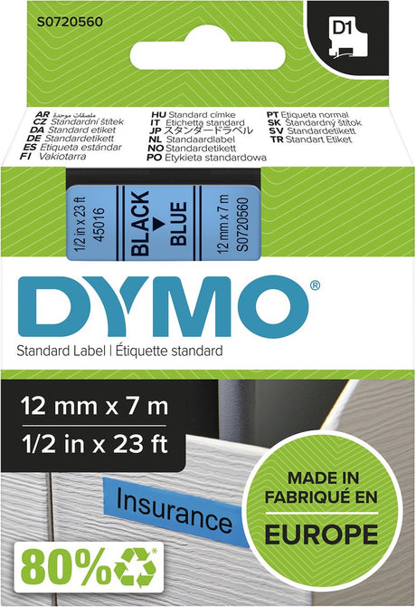 Original Dymo d1-Etiketten | schwarzer Text auf blauem Etikett | 12mm x 7m | selbstklebende Etiketten für den Etikettendrucker Label Manager | Hergestellt in Europa