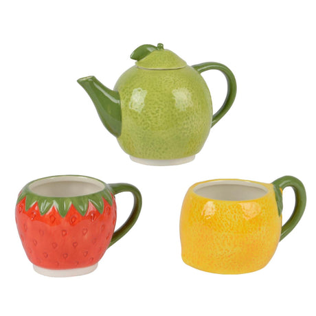 Decoris Teeset Obst Dolomit 16,7x10,2x24cm Teekanne mit 2 Tassen Orange Limette Erdbeere