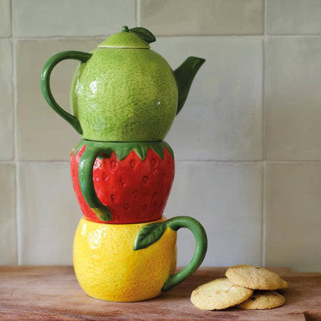 Decoris Teeset Obst Dolomit 16,7x10,2x24cm Teekanne mit 2 Tassen Orange Limette Erdbeere