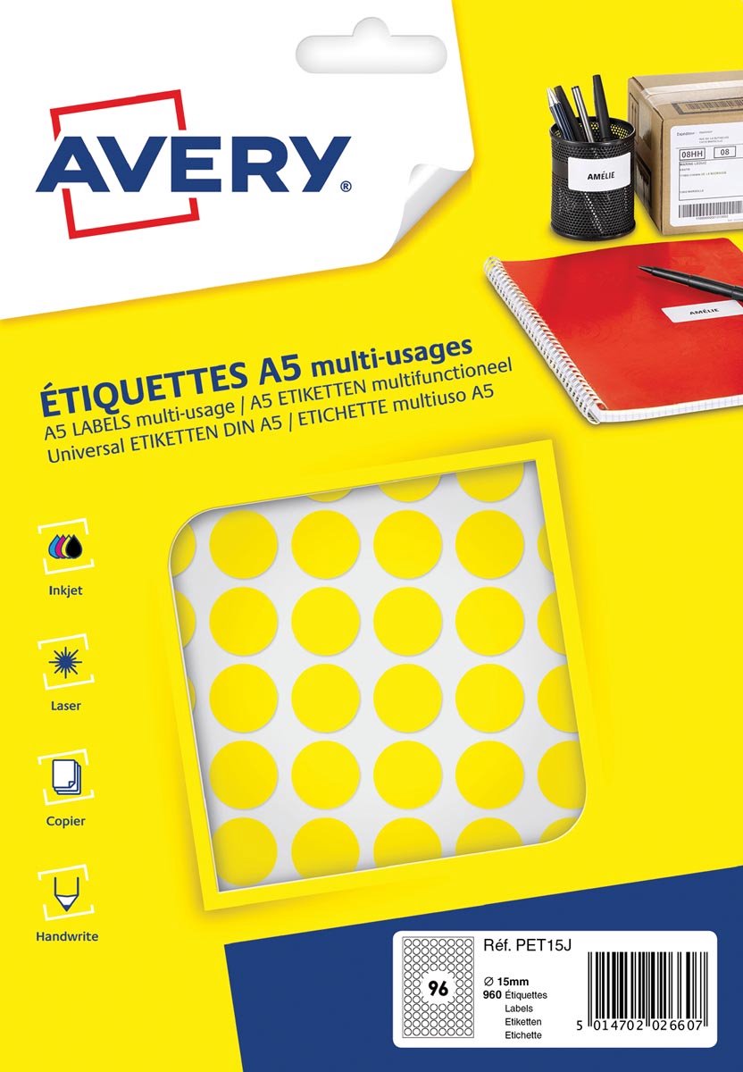Avery Etikett, A5, 15 mm, rund, Blister, 168 Stück, gelb