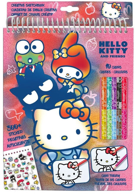 Hello Kitty Friends Malset – Kreatives Skizzenbuch mit 5 Buntstiften und 300 Aufklebern – Zeichen- und Bastelset