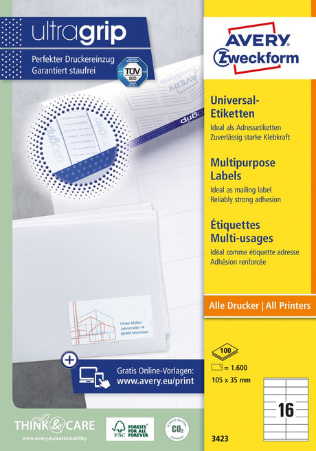 Avery witte etiketten quickpeel formaat 105 x 35 mm (b x h) 1.600 stuks 16 per blad doos van 100 blad