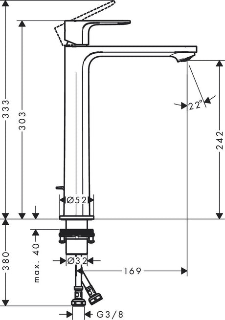 Hansgrohe rebris e – Waschtisch-Mischbatterie – Einhebelbedienung – Kaltstart-Energieeinsparung – Ecosmart+ Wassereinsparung – mit Ablaufgarnitur – Größe 240 mm – mattschwarz