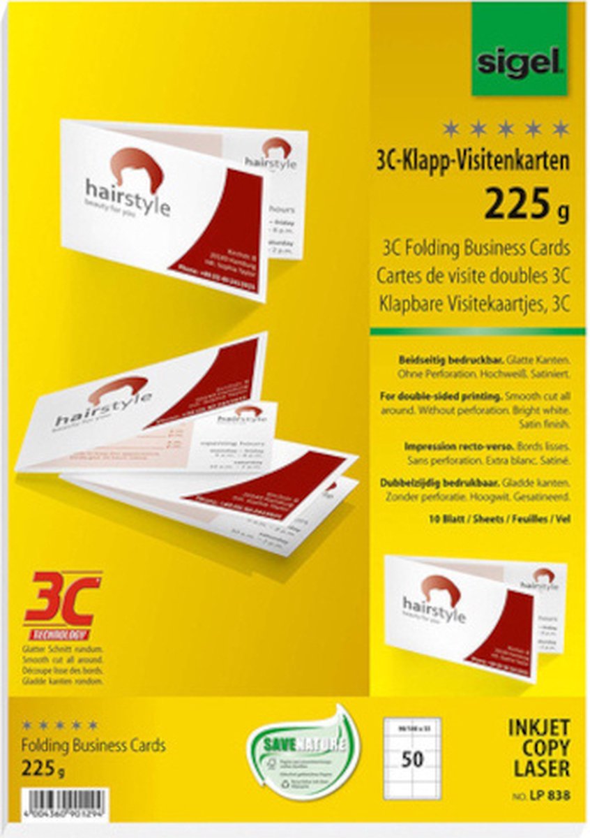 Sigel - Visitenkarten - Weiß - 180x55mm - 225 Gramm - 50 Stück - si-lp838
