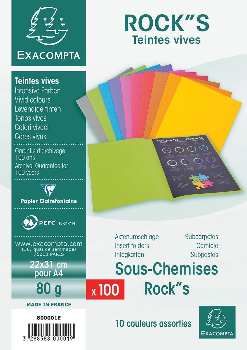 Exacompta Rock''s 80 – Packung mit 100 Einsteckmappen 22 x 31 cm für A4 – sortiert – 800001e