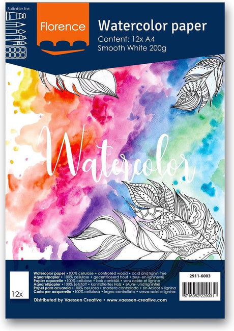 Florence vaessen aquarelpapier - intense white - a4 - 200 grams - gladde structuur - smooth - florence - 12 vellen
