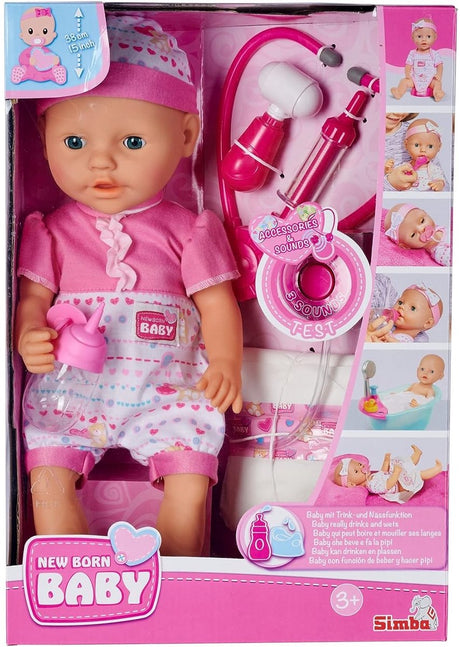 Simba Neugeborenes Baby – Babypuppe mit Arztzubehör – Stethoskop mit Sound – Trink- und Urinierfunktion – 38 cm – Babypuppe