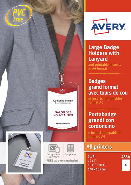 Avery 4834 Ausweishalter-Lanyard-Set – A6 105 x 148 mm, 12 Stück, 3 Blatt