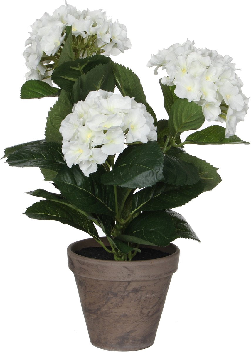 Mica decorations - hortensia kunstplant in bloempot stan - h40 x ø35 cm - wit