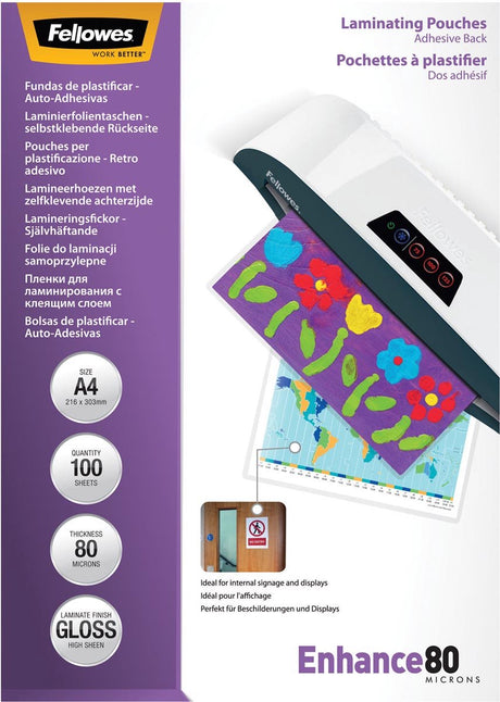 Fellowes Laminierfolien – A4 – selbstklebend – 80 Mikron – 100 Stück
