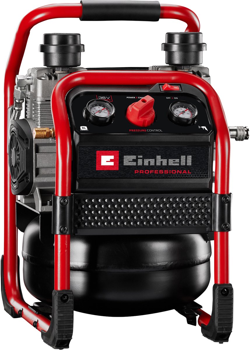 Einhell accu compressor silenzzo 36 210 solo - power x-change - 36 v li-ion - max. 8 bar - 8 l tank - olievrij - 60 db (stiller dan normale compressoren) - zuigvermogen 210 l min - excl. accu en lader