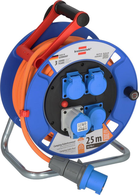 Brennerstuhl Camping Kabeltrommel 25m Garantie CEE IP44 (CEE Spule mit H07RN-F 3G2,5 Kabel in Orange, Kabeltrommel für den dauerhaften Außeneinsatz IP44, Made in Germany)