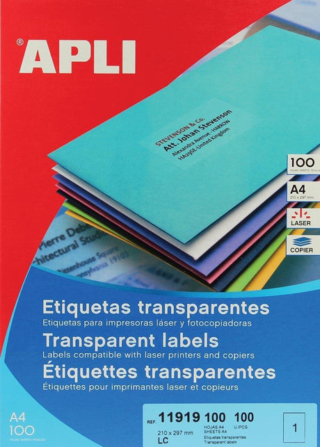 Apli transparente Etiketten, Format 210 x 297 mm (B x H), 100 Stück, 1 pro Blatt, Karton mit 100 Blatt