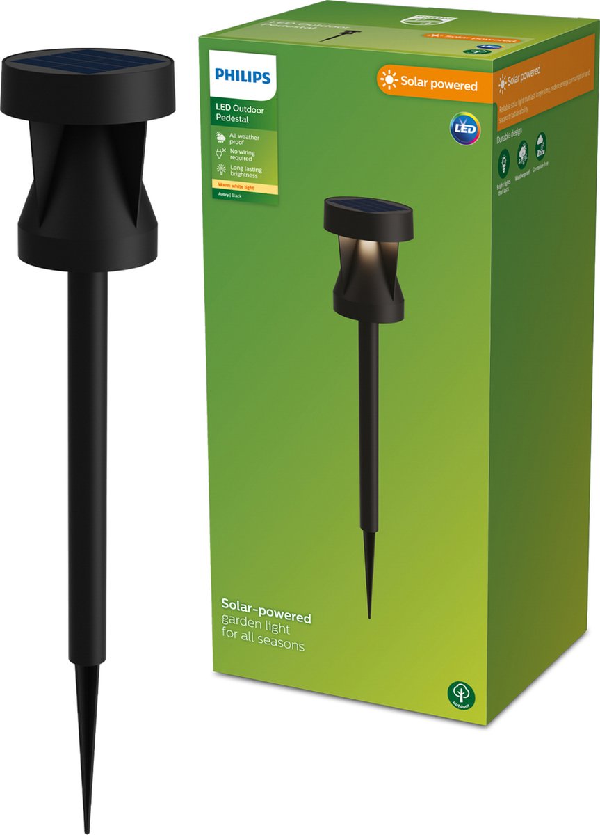 Philips led philips avery sokkellamp met spies - solar buitenlamp - warm wit licht; 2700k - zwart - zonne-energie - tuinpadverlichting
