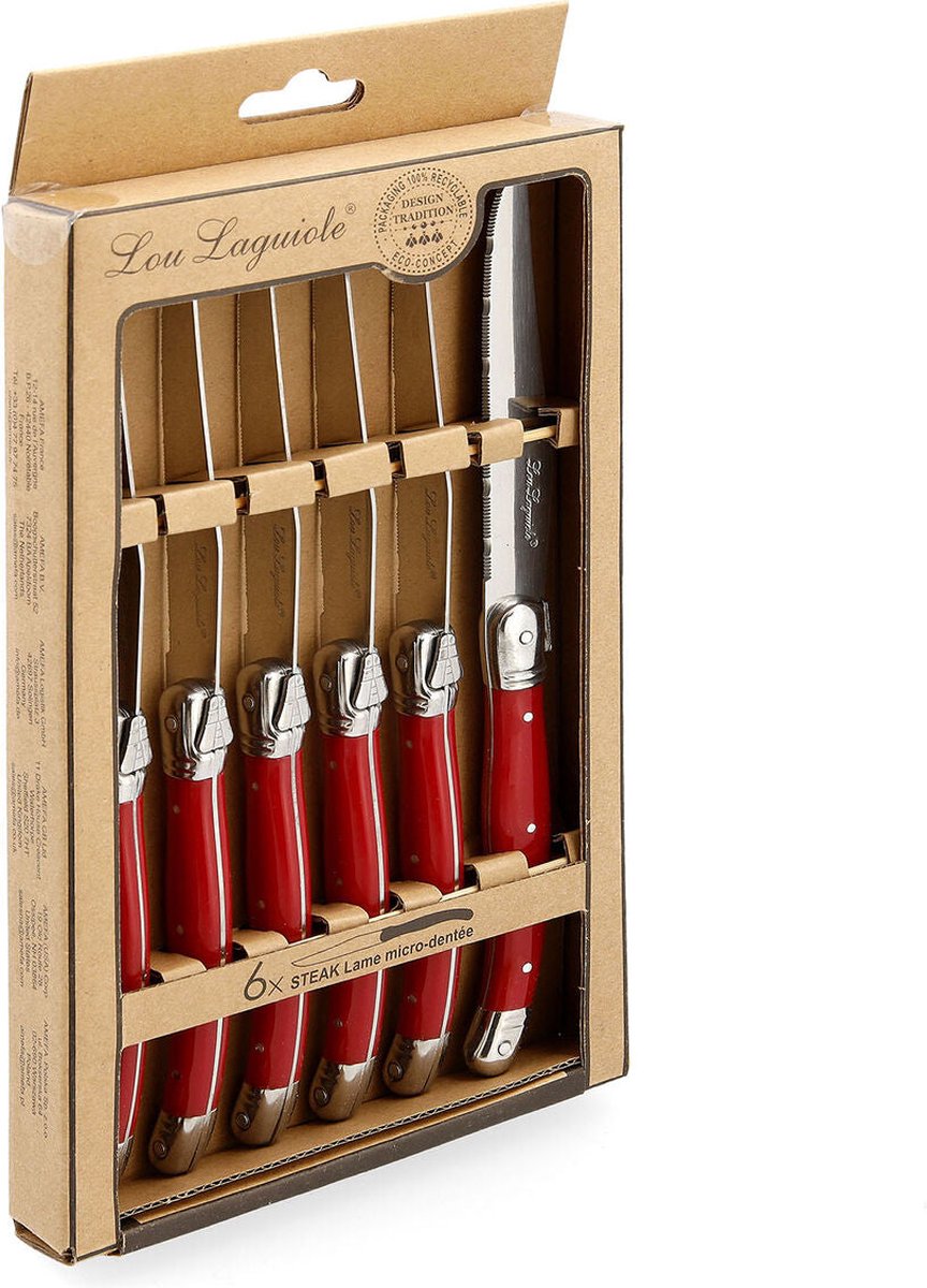 Lou Laguiole Messerset rustikales Fleisch, rotes Metall, 6-teilig