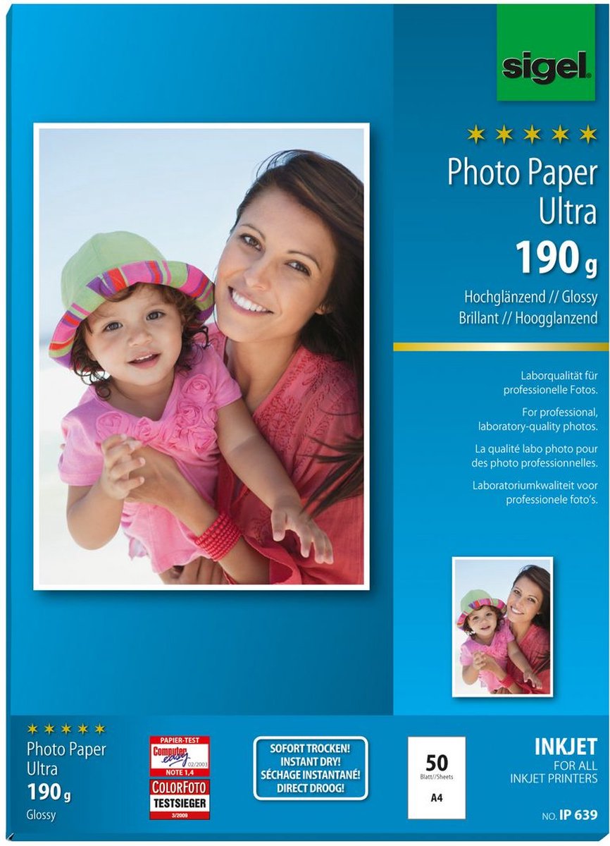 Sigel Inkjet-Fotopapier – Ultra – A4 Hochglanz – 190 Gramm – 50 Blatt – SI-IP639