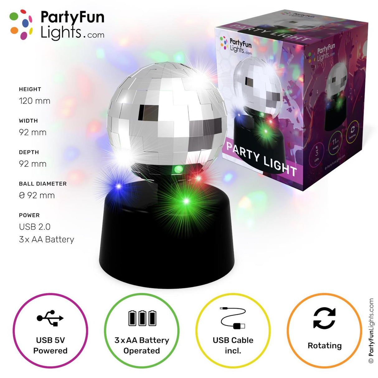 Partyfun Lichter Tischlampe Mini Spiegel Disco LED rotieren