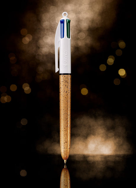Bic 4-Farben-Kugelschreiber – goldfarbener Schaft mit Eismotiv – Packung mit 1 Stück – mittlere Spitze 1 mm