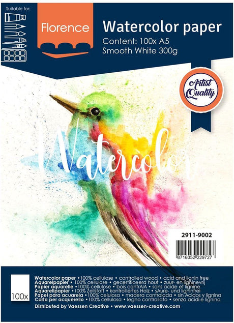 Florence vaessen aquarelpapier - intense white - a5 - 300 grams - gladde structuur - smooth - florence - 100 vellen