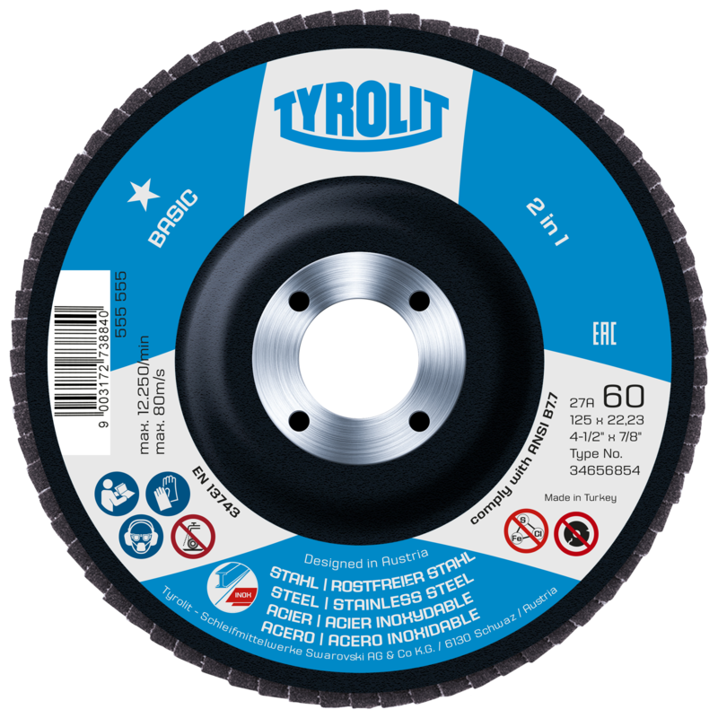 Tyrolit Fächerschleifscheibe 125mm ZA60 Basic 2in1 St. Edelstahl | 100 Stück