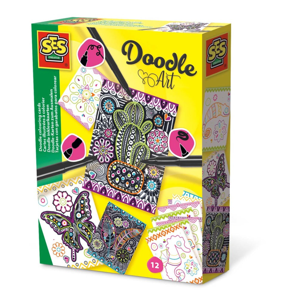 Ses creative ses doodle art inkleur-kaarten 12 stuks + 3 zwarte stiften