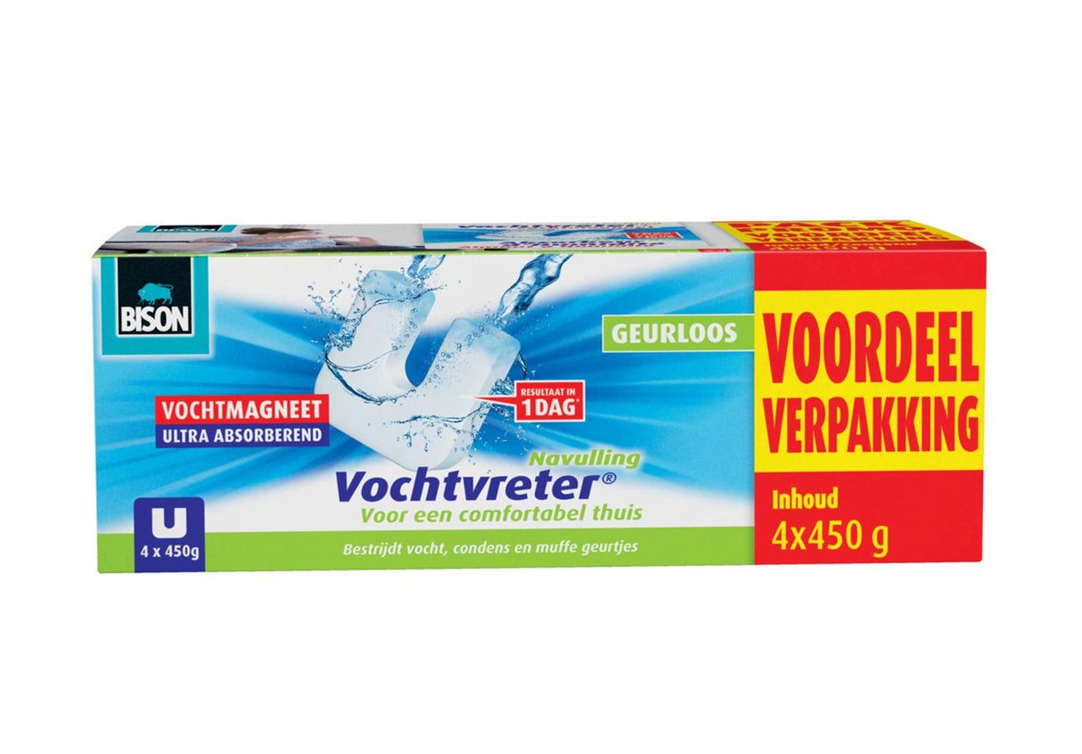 Bison Moisture Absorber® Magnet 450g 3+1 gratis – parfümfreie Nachfüllung für Moisture Absorber® Gerät, 4x 450 g, gegen hohe Luftfeuchtigkeit im Wohnbereich, auch für Wohnwagen und Wohnmobile geeignet