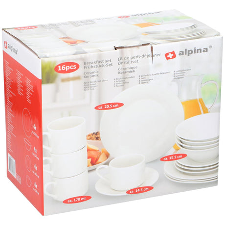 Alpina Geschirr-Set 16-teilig – Frühstücksteller-Set für 4 Personen – Steingut-Geschirr – Frühstücksteller, Schüsseln, Tassen und Untertassen – mikrowellen- und spülmaschinenfest – weiß
