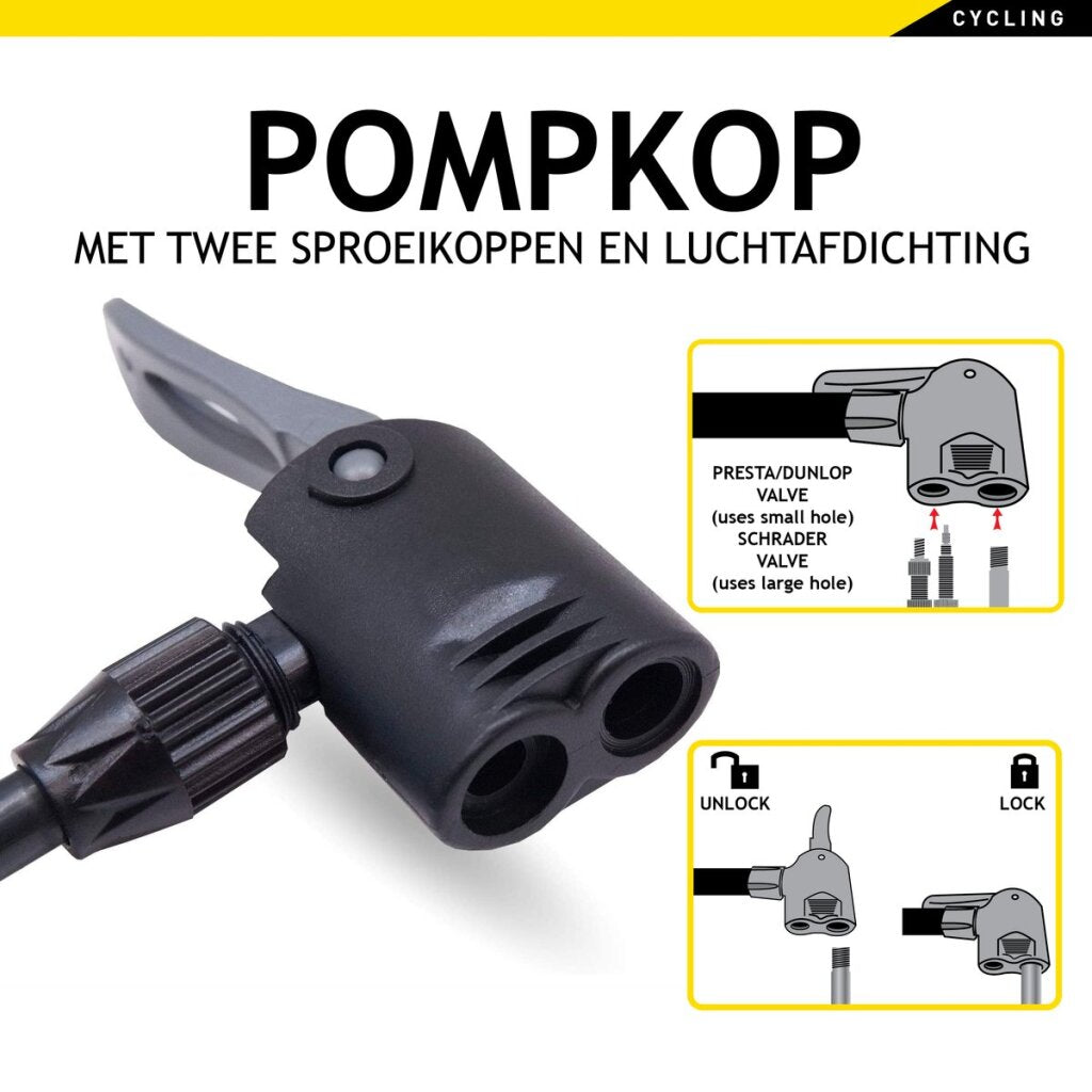 Dunlop fietspomp met drukmeter dubbel ventiel hollands ventiel frans ventiel autoventiel