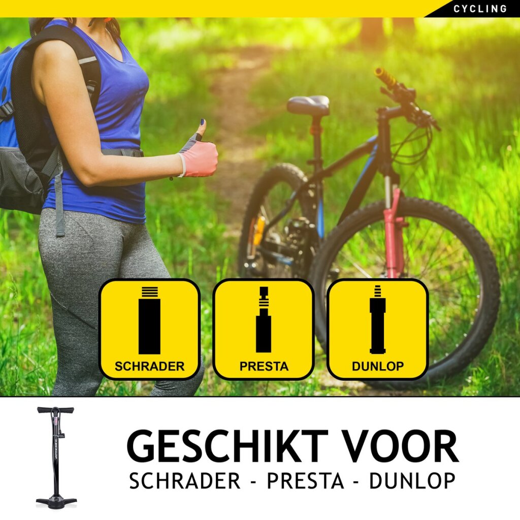 Dunlop fietspomp met drukmeter dubbel ventiel hollands ventiel frans ventiel autoventiel