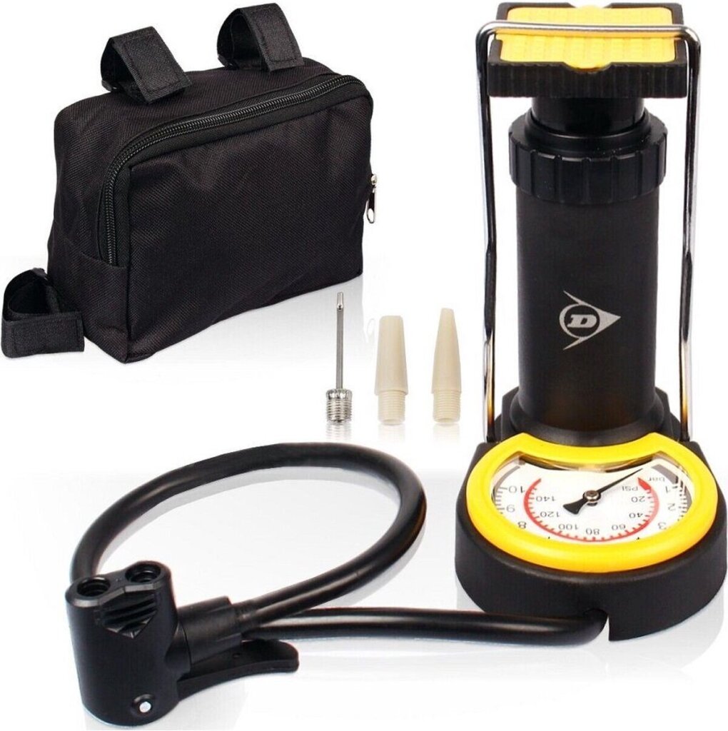 Dunlop mini voetpomp luchtpomp bandenpomp inclusief 3 adapters analoge drukmeter met opbergtas