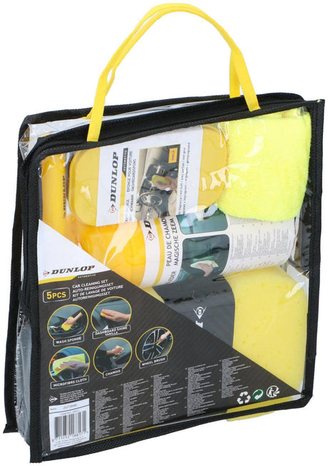 Dunlop Auto-Reinigungsset 5-teilig. Reinigungsschwamm, Armaturenbrett-Glanz-Vanille, Mikrofasertuch, Fensterleder und Felgenbürste