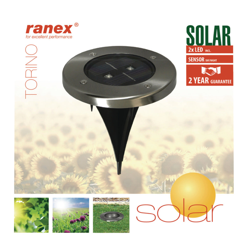 RANEX RA-5000389 Redondo LED Solar molido Solar Cepillo de acero inoxidable vidrio de acero inoxidable