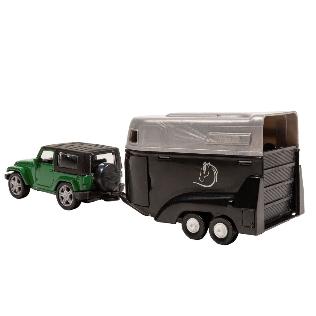 Basic City Die Cast Jeep With Horse Trailer Green Black