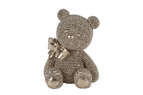 Skulptur Teddybär glitzernd, goldfarben, Polystone, 10 x 8 x 13 cm