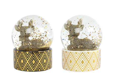 Sneeuwbol hert s glinster goud zwart polystone 7x7x9,5cm