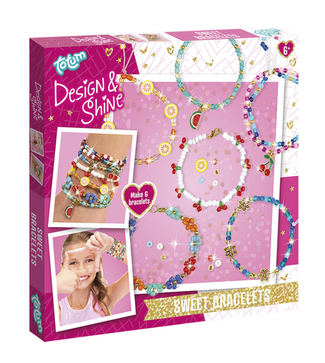 Totum Design Shine 6 Perlen zur Herstellung von Armbändern mit Obst-, Herz- und Blumenanhängern – süße Armbänder, Schmuckpaket, Geschenktipp, kreatives Spielzeug ab 6 Jahren