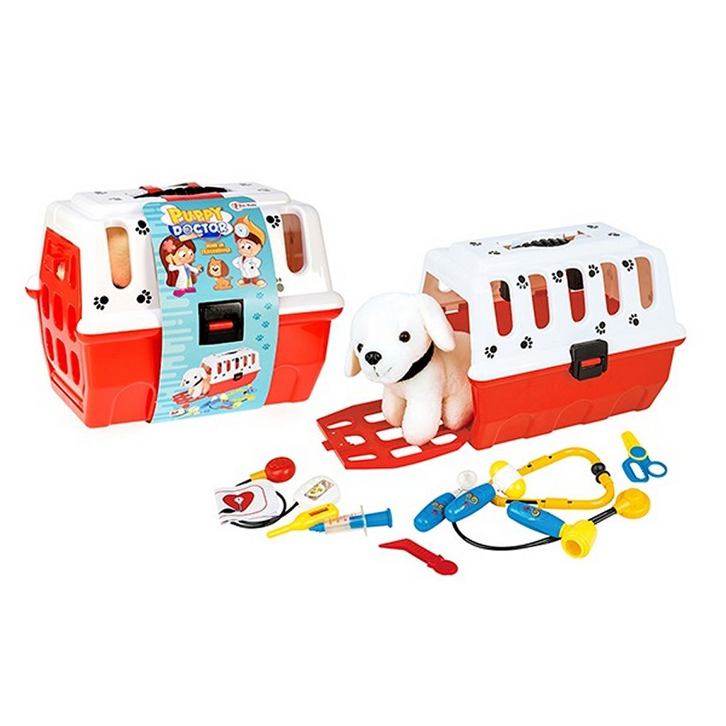 Cucciolo di toi-toys nel cestino da viaggio + accessori veterinari